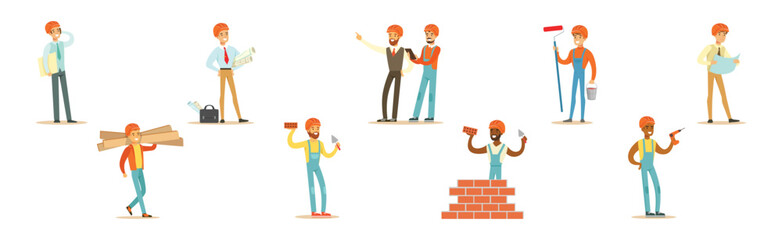 Man Builder and Engineer Character in Hard Hat Vector Set