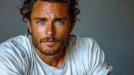 Obraz premium A close-up portrait of a man with intense blue eyes and a confident expression, wearing a simple white shirt