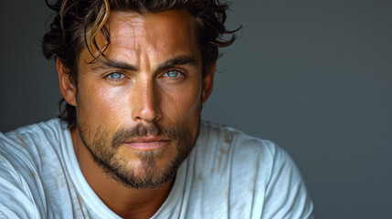 Fototapeta premium A close-up portrait of a man with a light beard and blue eyes looking directly at the camera. He is wearing a simple white t-shirt and has a relaxed expression