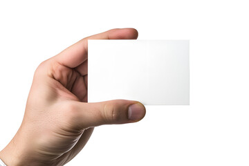 Obraz premium Business card mockup in man hand. Blank calling card template isolated on white background