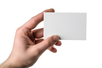 Obraz premium Business card mockup in man hand. Blank calling card template isolated on white background