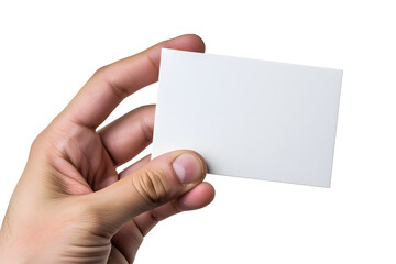 Obraz premium Business card mockup in man hand. Blank calling card template isolated on white background