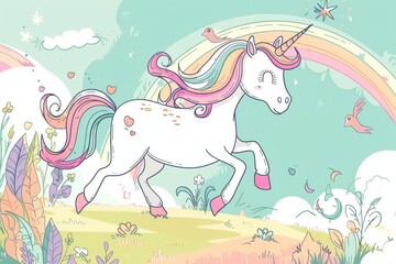 Cartoon cute doodles of a magical unicorn prancing through a meadow filled with rainbows, Generative AI