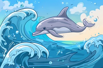 Obraz premium Cartoon cute doodles of a playful dolphin jumping out of sparkling blue ocean waves, Generative AI