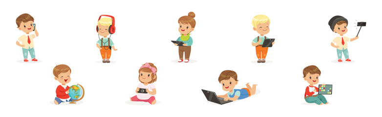 Cute Kids Using Modern Mobile Gadgets Vector Set