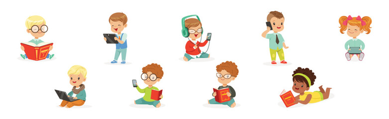 Cute Kids Using Modern Mobile Gadget and Book for Reading Vector Set