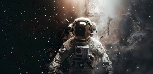  astronaut floating in space, surrounded by dark particles and cosmic dust