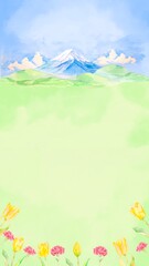 水彩で描いた青空と富士山の美しい草原の背景イラスト