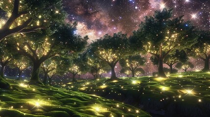 Naklejka premium A heavenly orchard where trees bear luminous, star-like fruits and the ground is carpeted with soft, glowing moss, under a sky filled with constellations.