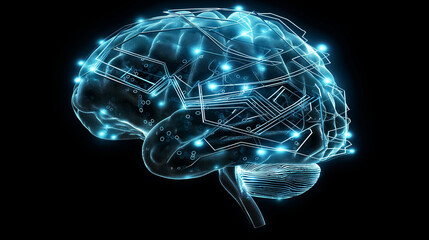 Photograph a stylized representation of a human brain with circuitry and digital elements integrated, symbolizing the concept of artificial intelligence and machine learning
