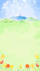 水彩で描いた青空と富士山の美しい草原の背景イラスト