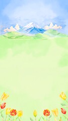 水彩で描いた青空と富士山の美しい草原の背景イラスト