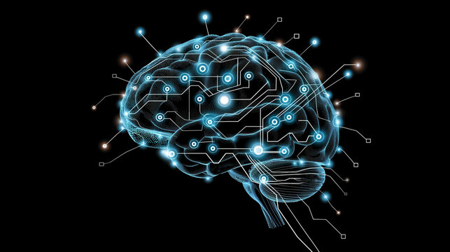 Photograph a stylized representation of a human brain with circuitry and digital elements integrated, symbolizing the concept of artificial intelligence and machine learning