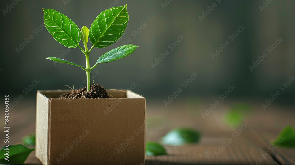 Poster elegant cardboard box featuring a sprouting plant, simple background. generative ai.