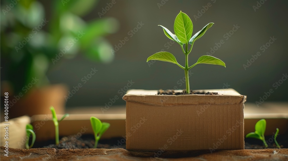 Poster elegant cardboard box featuring a sprouting plant, simple background. generative ai.
