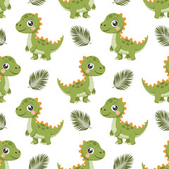 Cute dinosaurs seamless pattern. Background with dinosaurs and tropical leaves. Scandinavian design for baby clothes, shirts, fabrics, textiles.