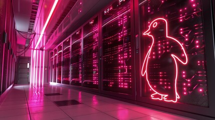 A high-tech server room with racks of glowing LEDs, subtly forming the outline of the Linux penguin, showcasing Linuxa??s role in powering servers worldwide.
