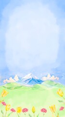 水彩で描いた青空と富士山の美しい山々の背景イラスト
