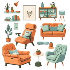 Stylish mid-century modern furniture set with chairs, sofas, bookshelves, decor items, and plants in a cozy living room interior design.