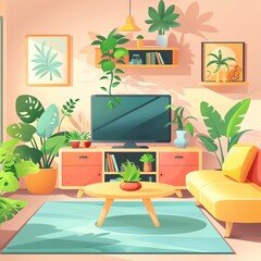 Fototapeta premium Bright and modern living room with indoor plants, stylish furniture, a TV, and wall art creating a cozy and inviting atmosphere.