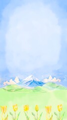 水彩で描いた青空と富士山の美しい山々の背景イラスト