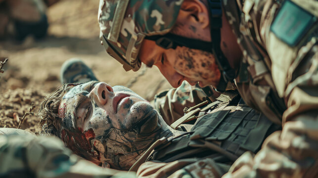 A soldier evacuates a wounded comrade, emphasizing themes of camaraderie, bravery and the harsh realities of war.