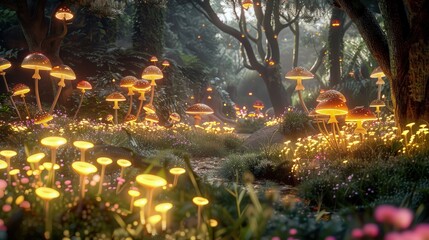 A magical forest clearing where glowing mushrooms and luminescent flowers provide a natural, soft light, setting the scene for a fairy tale.