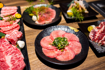 Slice of fresh meat for hotpot in the restaurant