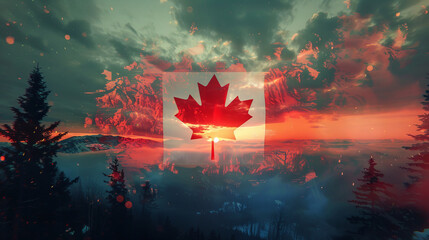 Illustration of the Canadian flag against a background of trees, snow-capped mountains and a beautiful sunset.