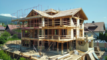Fototapeta premium Wooden and concrete frame of a house under construction and structure in the early stages of construction. Background for design.