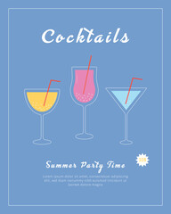 summer cocktail poster. Cocktail glass with ice. Classic summer alcohol drinks illustration. Minimal flyer with alcoholic beverages. Vector bright illustration. Wall decoration, prints, poster, banner