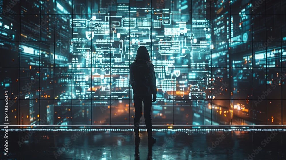 Poster Silhouette of a person standing in front of a giant digital screen with a flow of data showing various cyber threats and vulnerabilities. Generative AI.