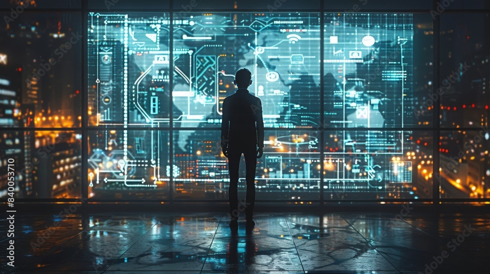 Poster Silhouette of a person standing in front of a giant digital screen with a flow of data showing various cyber threats and vulnerabilities. Generative AI.