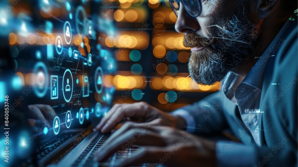 Poster businessman using a laptop computer with biometric authentication, network for cyber security. an in