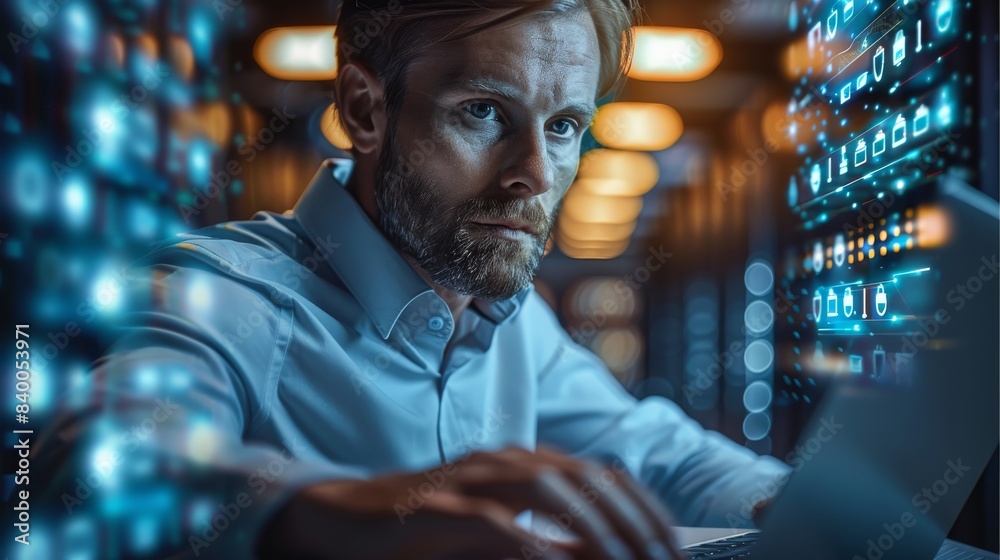 Aufkleber businessman using a laptop computer with biometric authentication, network for cyber security. an in