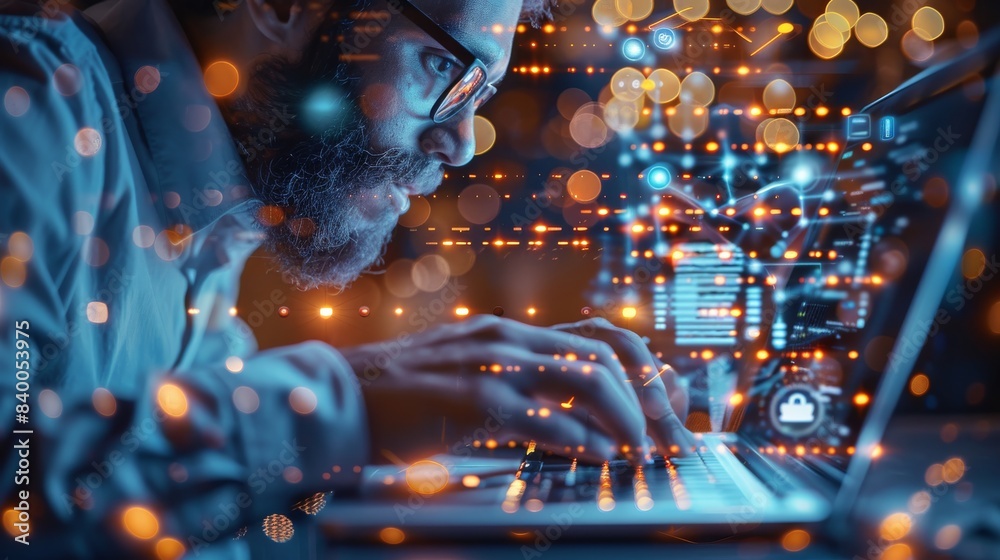 Aufkleber Businessman using a laptop computer with biometric authentication, Network for cyber security. An internet technology network and data management. Generative AI.
