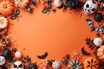 Obraz premium Orange Halloween Background with Jack-O-Lanterns, Pumpkins, Bats, Cobwebs, spiders, spider web, Skulls. Top View, Flatlay with Copy Space