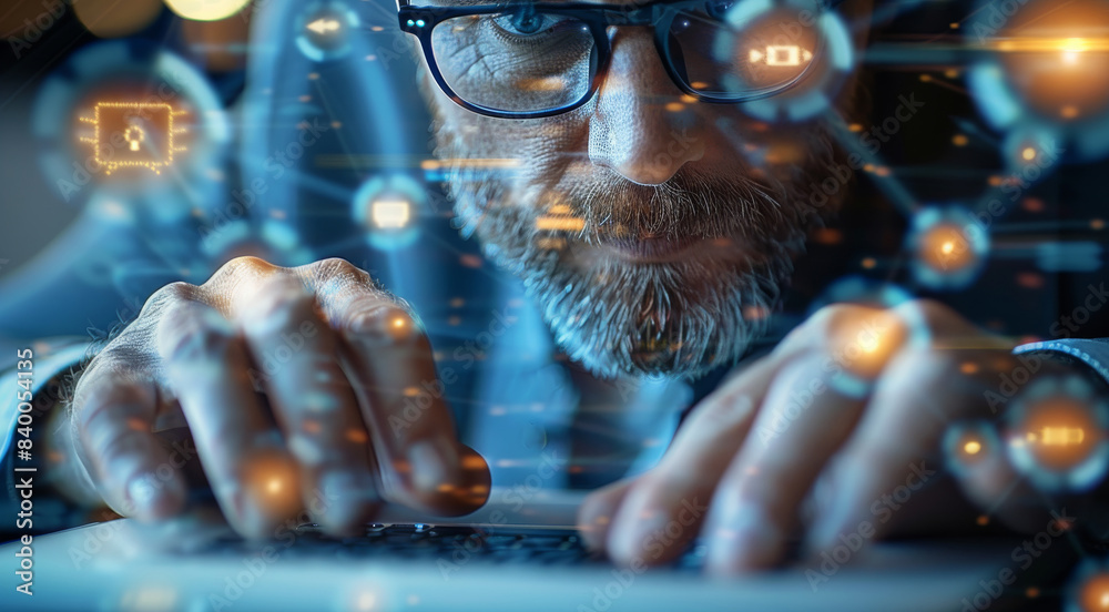 Aufkleber businessman using a laptop computer with biometric authentication, network for cyber security. an in