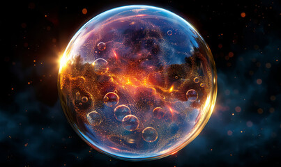 Fototapeta premium Translucent Soap Bubble with Reflections and Colorful Patterns on Dark Background, Abstract Concept for Creativity and Science, Beautiful Dynamics and Light Play