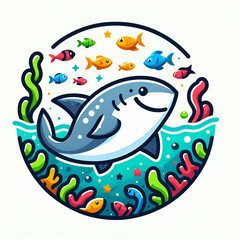 Fototapeta premium Shark logo illustration with undersea sun rays background 