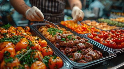 Fototapeta premium Indoor Catering Buffet: Group of People Enjoying Grilled Meat in Restaurant. Buffet Service for Festive Events, Parties, or Wedding Receptions.