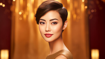 Portrait of a beautiful, sexy, smiling Asian woman with short hair, with perfect skin, golden background, banner.