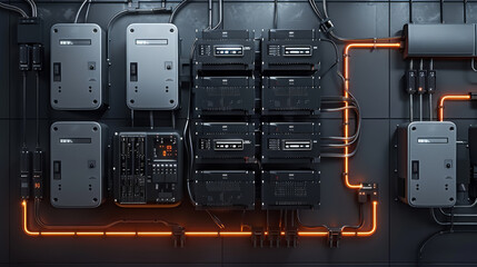 The multiple battery boxes connected to an inverter charger and power with wires leading from them. The setting is dark grey on black background. Generative AI.