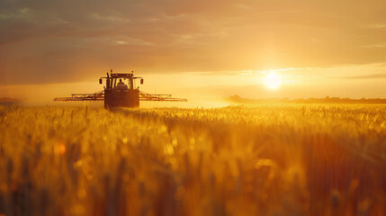 Fototapeta premium irrigation tractor driving spraying or harvesting an agricultural crop at sunset with information infographic data datum as banner design for agriculture industry and food supply production concepts
