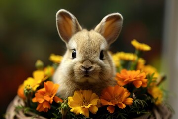  A rabbit surrounded by a ring of marigolds
