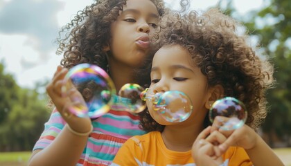 Fototapeta premium Bubble Bliss: A Heartwarming Sibling Moment in Matching Stripes