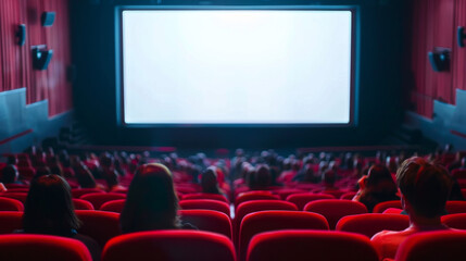 Fototapeta premium A large audience watching a movie in a theater with red seats and a bright screen mockup, capturing the cinema experience. Audience Watching Movie in Theater