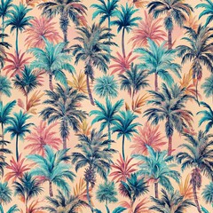 Hand drawn colorful palm trees seamless pattern