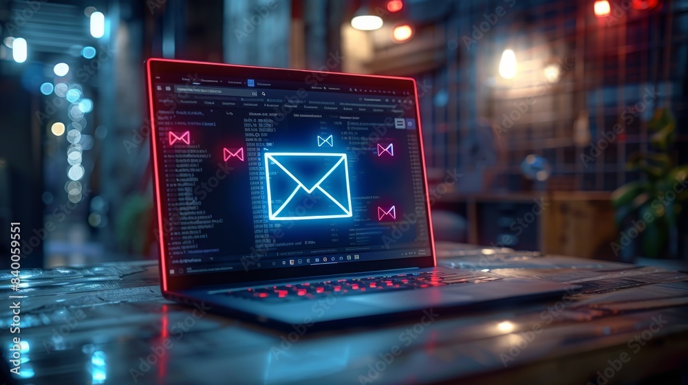 Poster a modern laptop with an open email interface displaying glowing blue envelopes, matte black finish, 