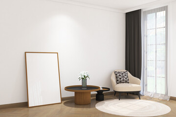 3d render of frame mock up side the window with armchair, coffee table and carpet. Heringbone wood floor, white wall and white flat ceiling. Set 3